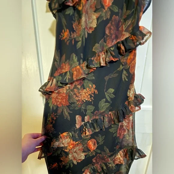 Nasty Gal Black Floral Ruffle Midi Dress - Picture 2 of 5